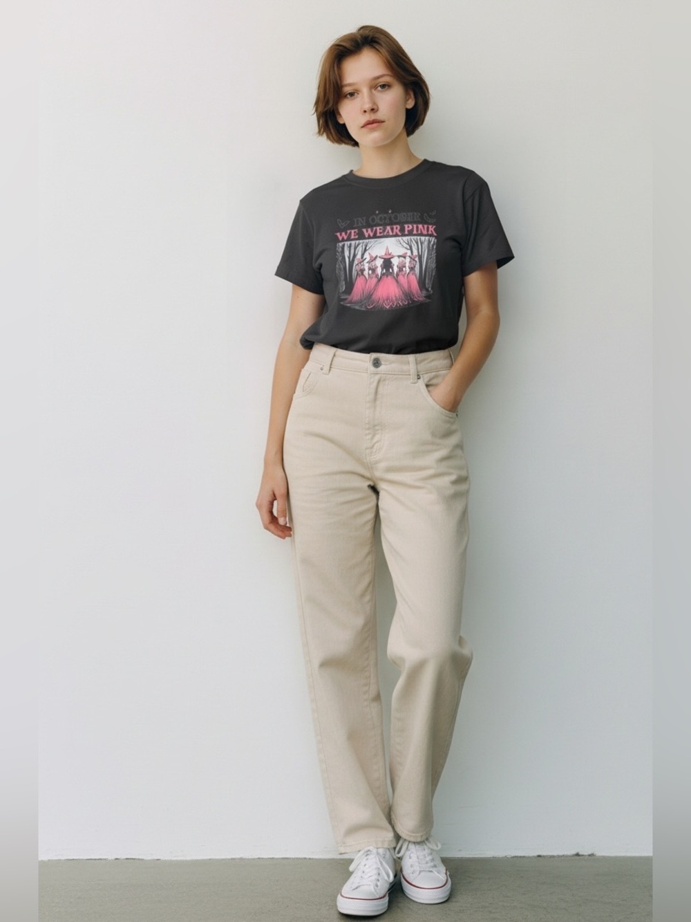 βIn October We Wear Pinkβ Graphic Tee - Pink on Black - PRICE FOR 1 SHIRT